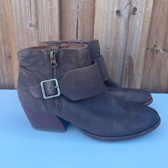Kork Ease Boots Womens 7.5 Isa Ankle Booties Brown Leather Side Zip Buckle Block - Picture 4 of 10